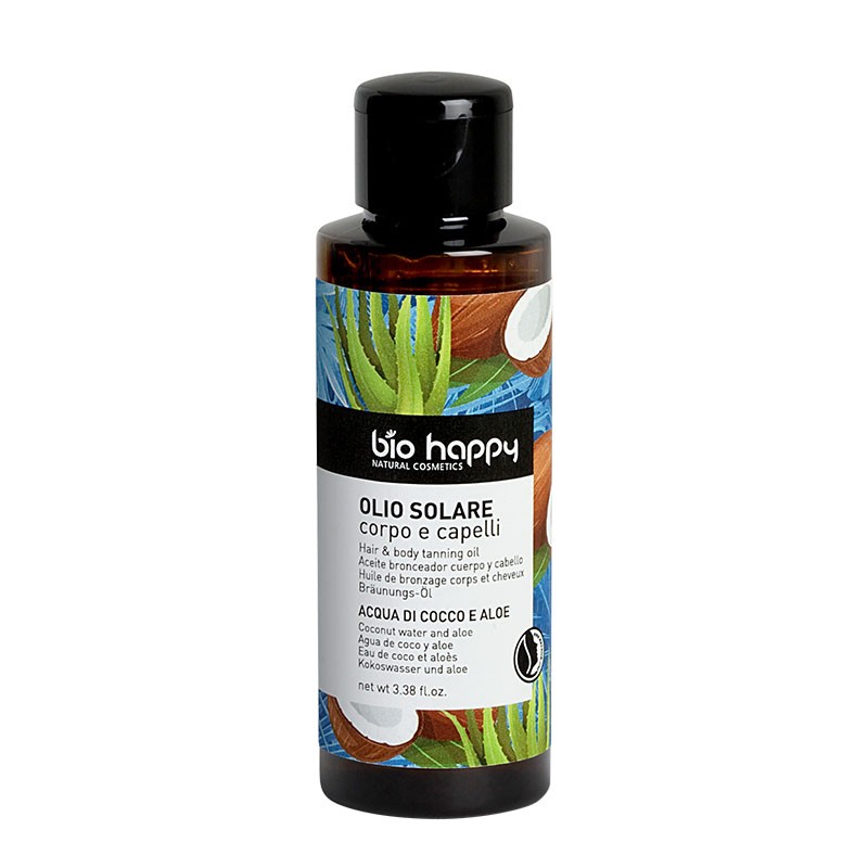 Olio solare corpo e capelli Acqua di Cocco e Aloe Bio Happy Olio solare corpo e capelli Acqua di Cocco e Aloe Bio Happy