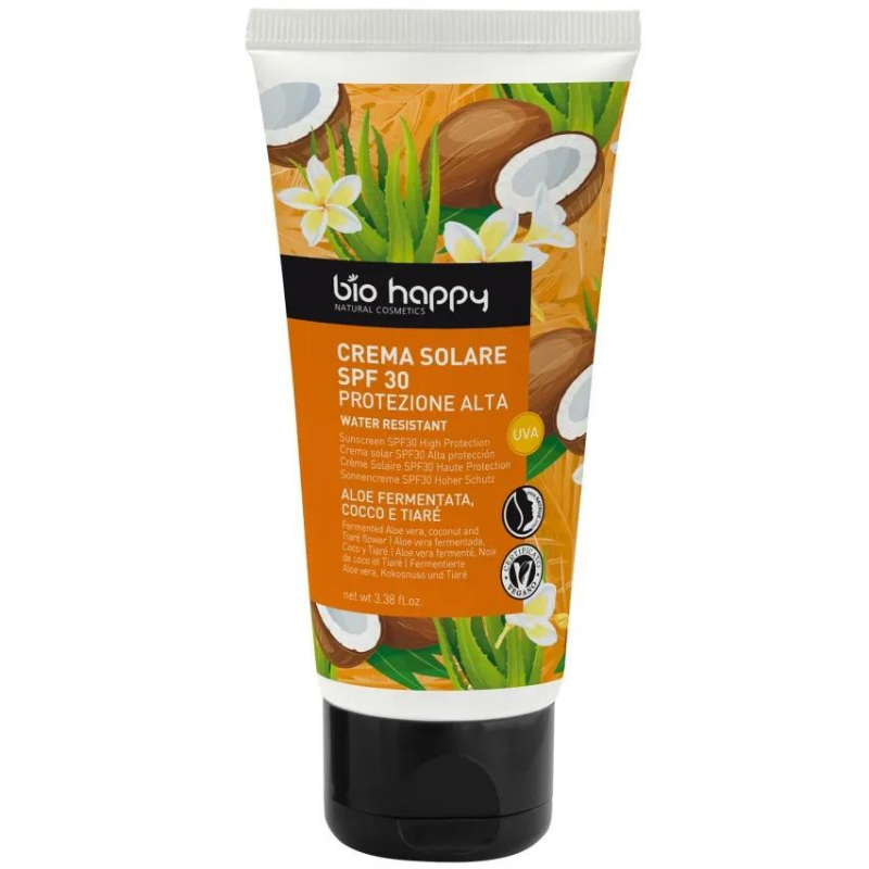 Crema solare spf30 aloe fermentato cocco e Tiarè Bio Happy Crema solare spf30 aloe fermentato cocco e Tiarè Bio Happy