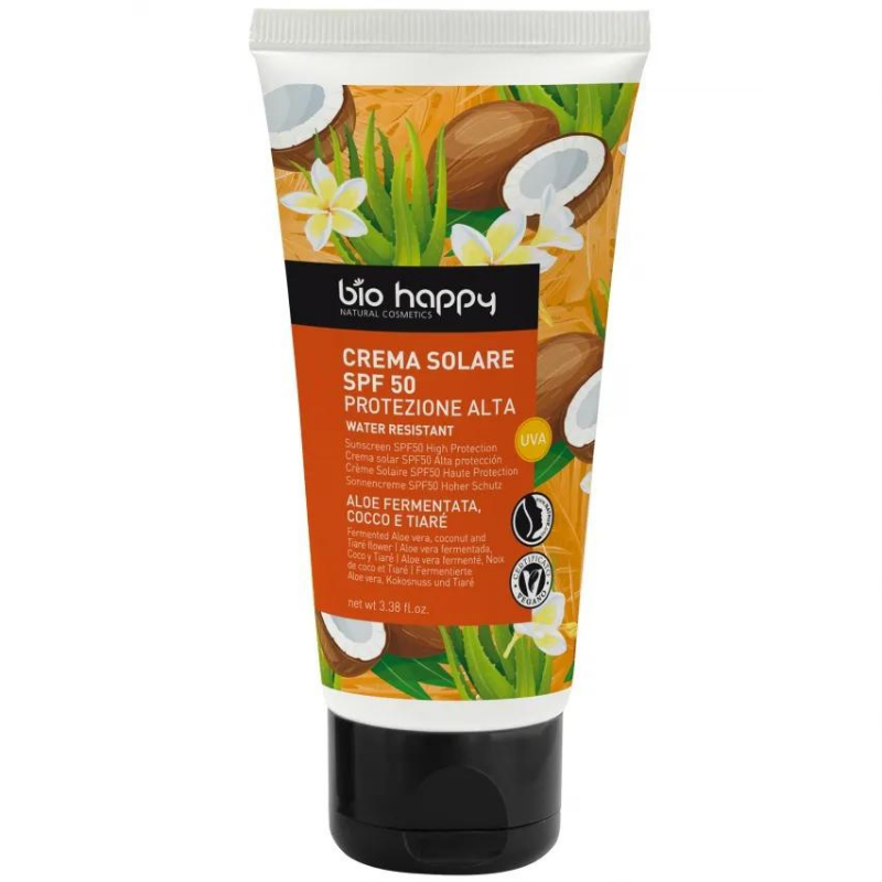 Crema solare spf50 aloe fermentato cocco e Tiarè Bio Happy Crema solare spf50 aloe fermentato cocco e Tiarè Bio Happy