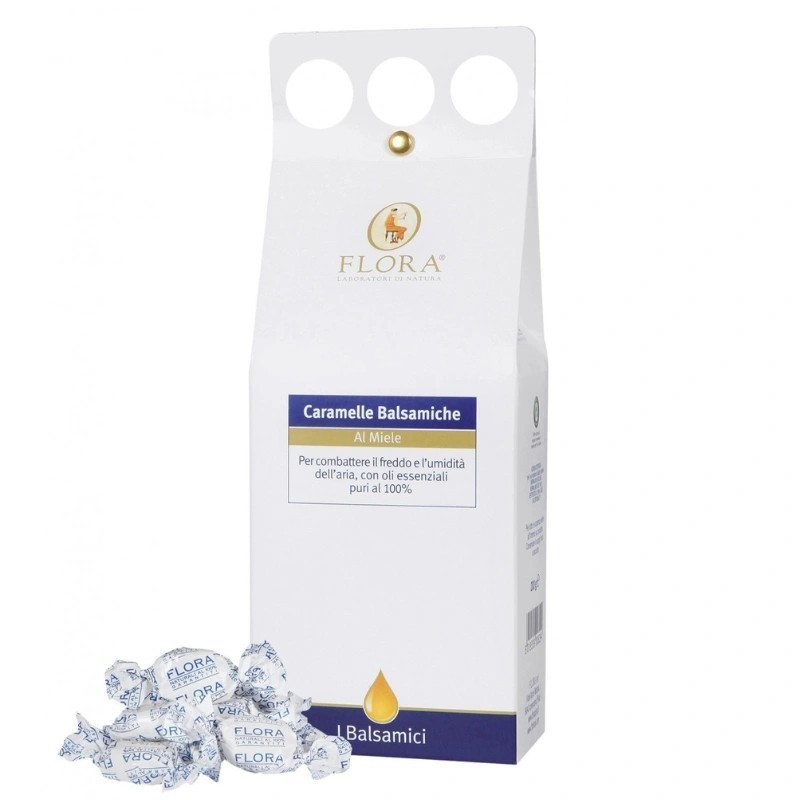 Caramelle balsamiche al miele e oli essenziali puri 100% Flora per alito fresco e benessere della gola