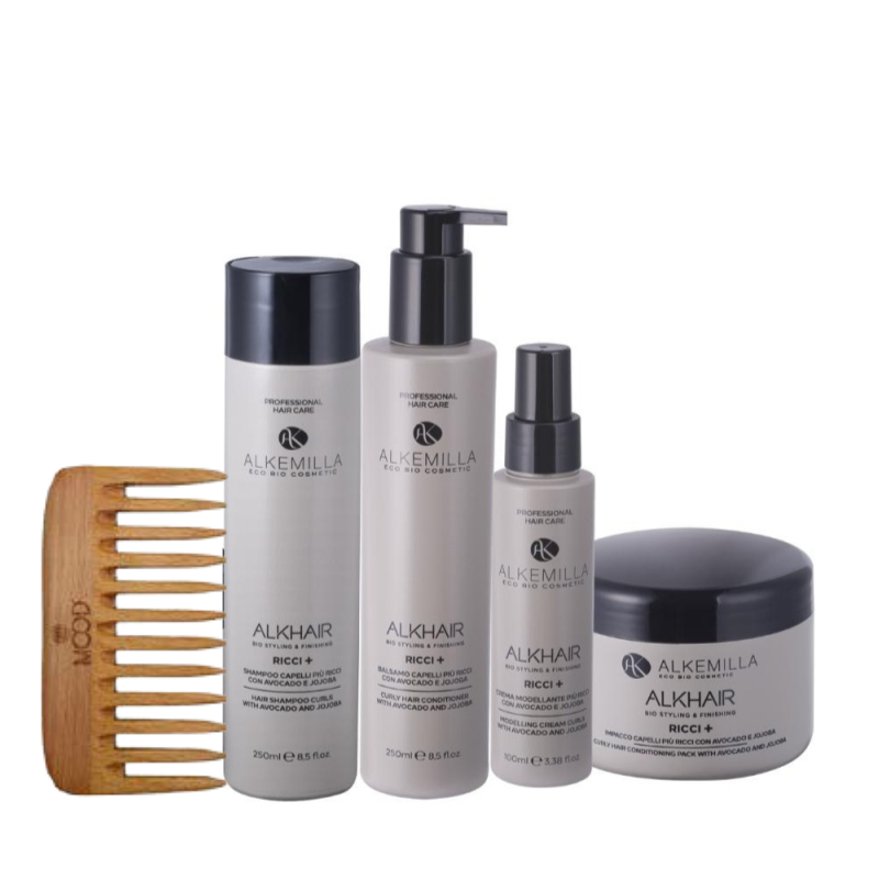 Set capelli ricci biologico Alkemilla anticrespo con pettine in legno e shopper regalo